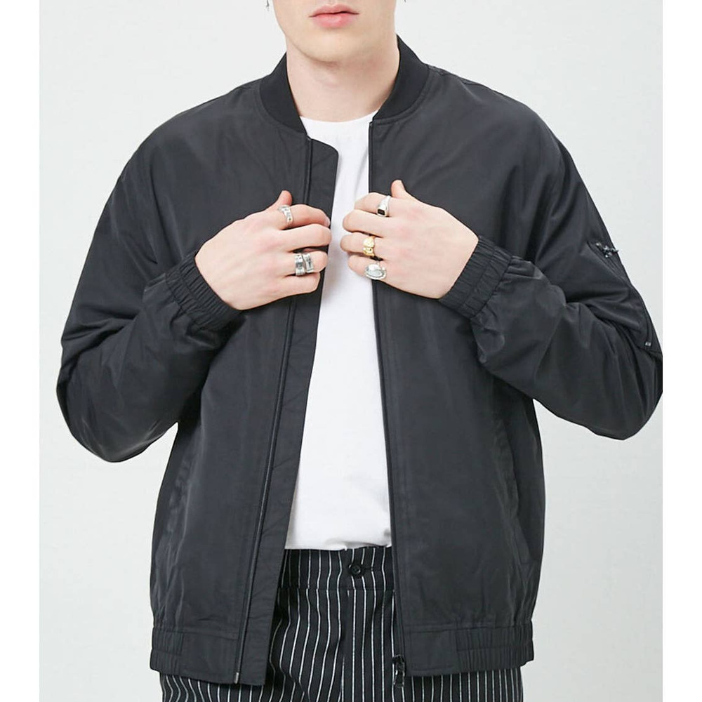 Forever 21 Bomber Jacket Black Men's Small Long Sleeve Pullover Zip Up Collared